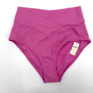 Aerie Pink High Waisted Cross Waist‎ Bikini Bottom Full Coverage Swimsuit Size S